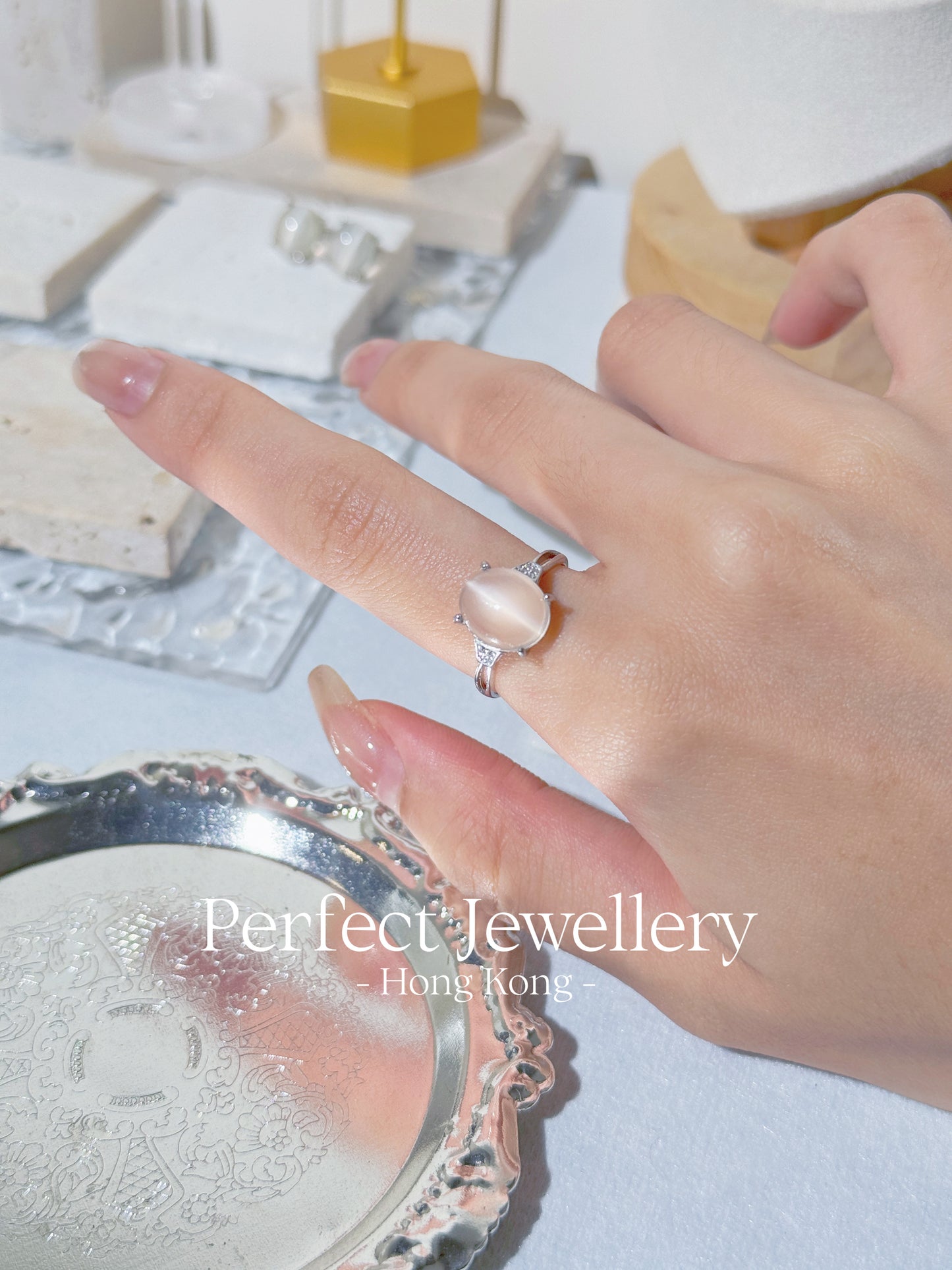 Cat-eye White Moonstone S925 Earrings & Ring | 貓眼白月光S925耳釘&戒指