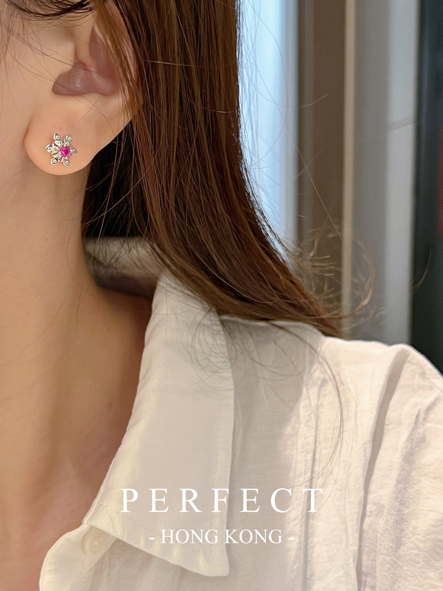 ✨Pinkish Ruby Snowflake Earrings| 紅寶石雪花耳釘