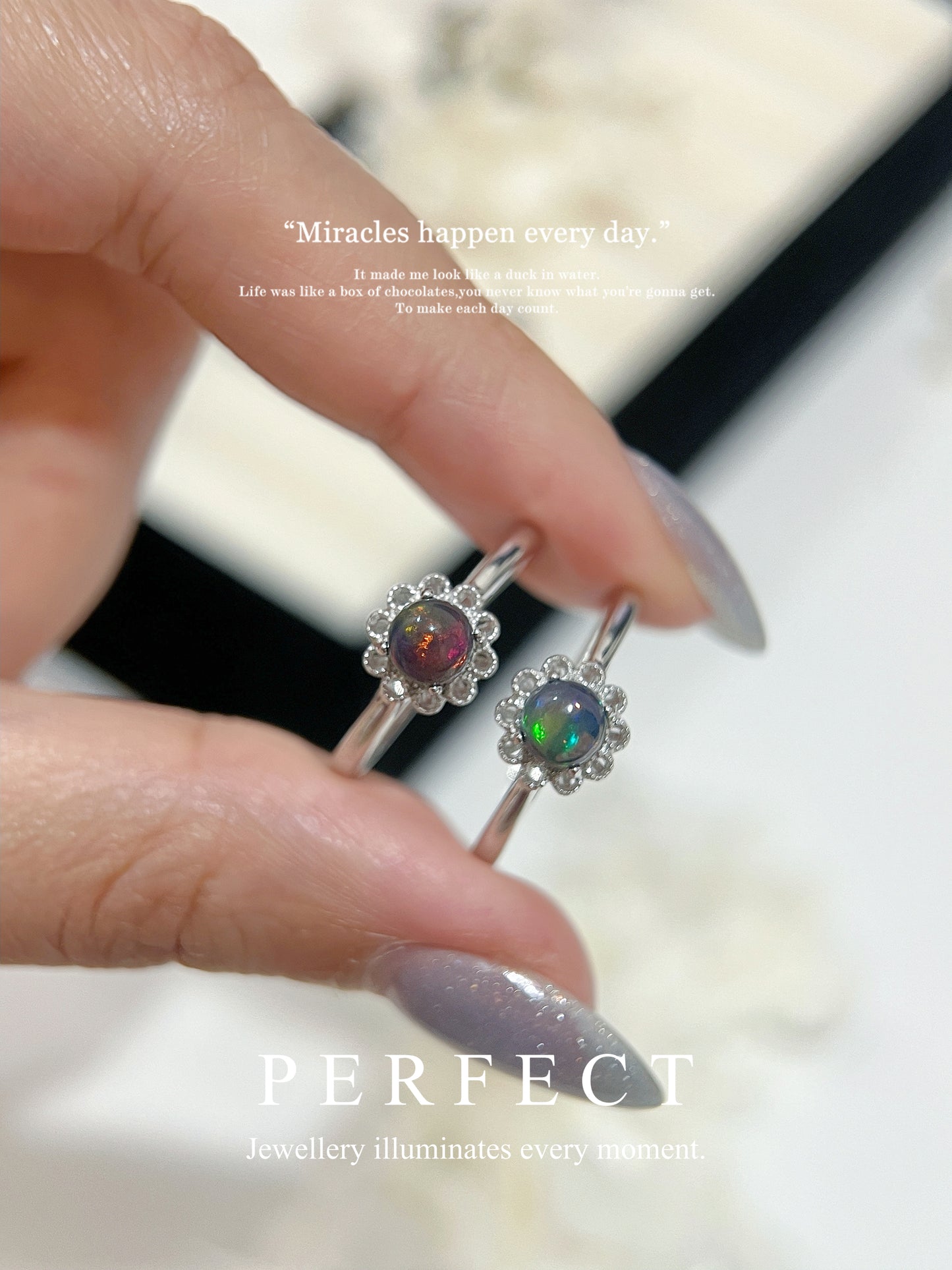 Black Opal Brass Ring |黑澳寶鏤空花花戒指✨🌸