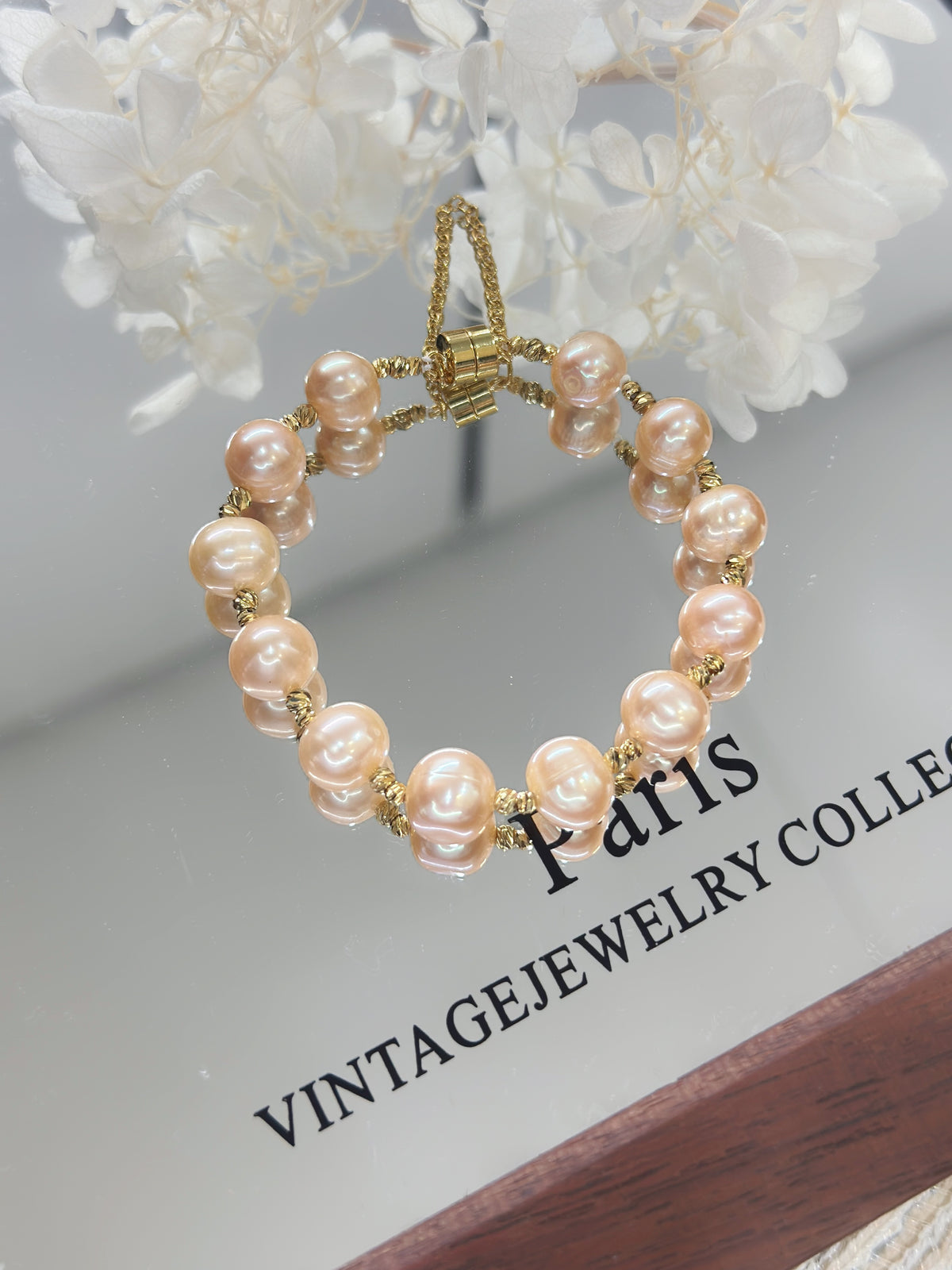 9-10mm Freshwater Pearl Brass Bracelet | 淡水珍珠橙珠滿天星手鏈
