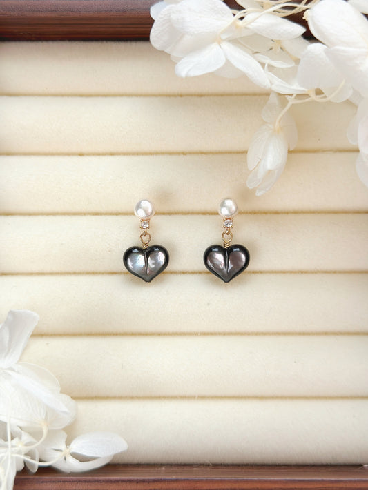 Freshwater Pearl Black MOP Earrings 淡水珍珠黑蝶貝愛心耳釘