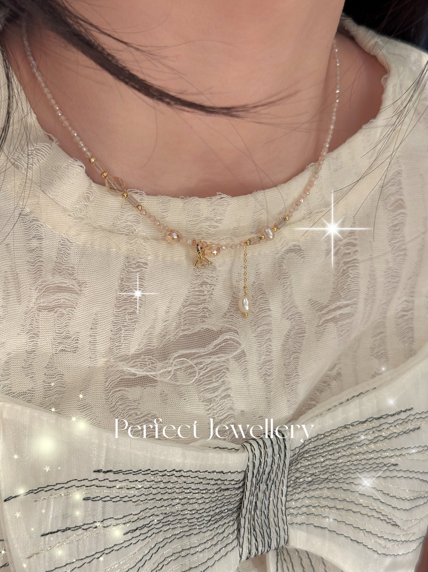 Cubic Zirconia & Freshwater Pearl Design Necklace | 小鑽戒💍香檳金鋯石&淡水珍珠設計項鍊