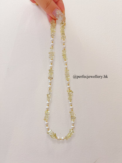 Citrine & Freshwater Pearl Brass Necklace | 檸檬黃水晶&淡水珍珠設計項鍊