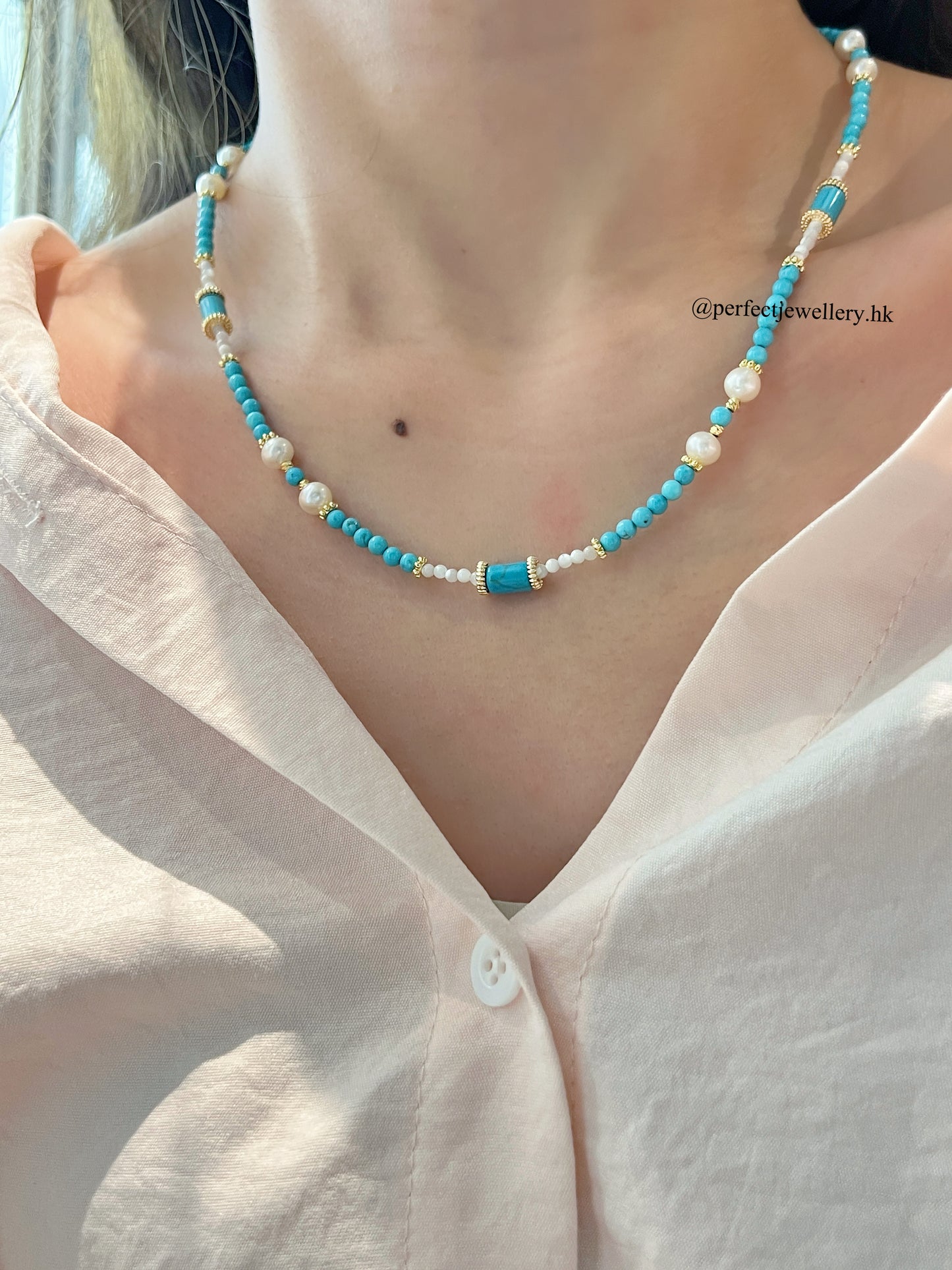 ✨Turquoise MOP Freshwater Pearl Necklace | 海鹽冰茶💎綠松母貝珍珠項鍊✨