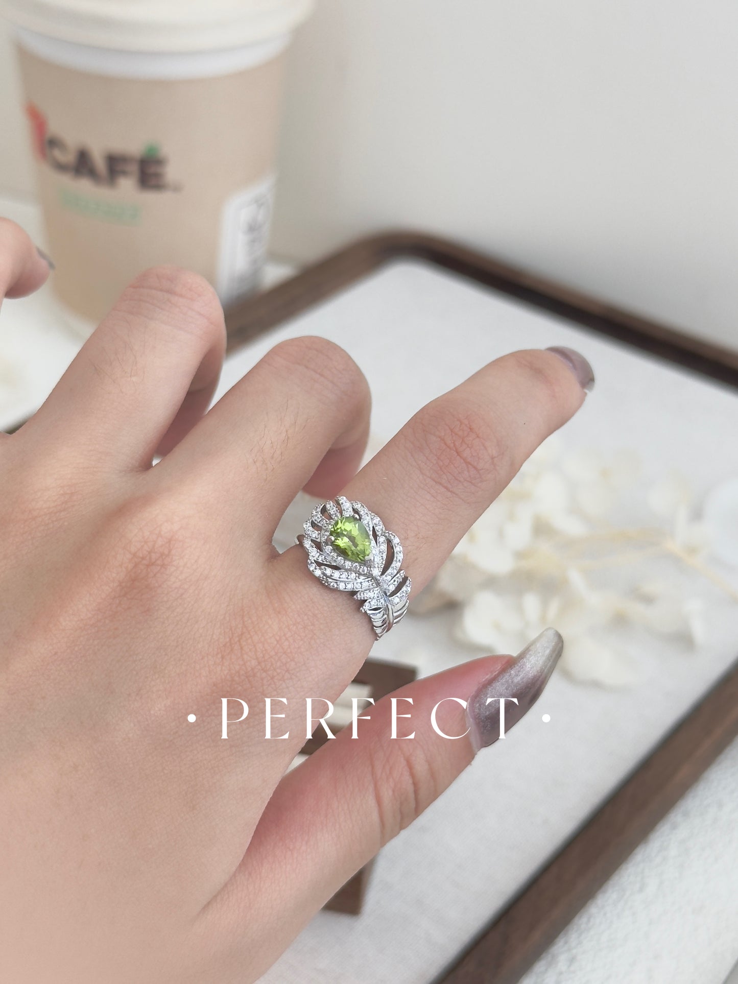 Peridot S925 Feather Ring | 橄欖石S925羽毛戒指