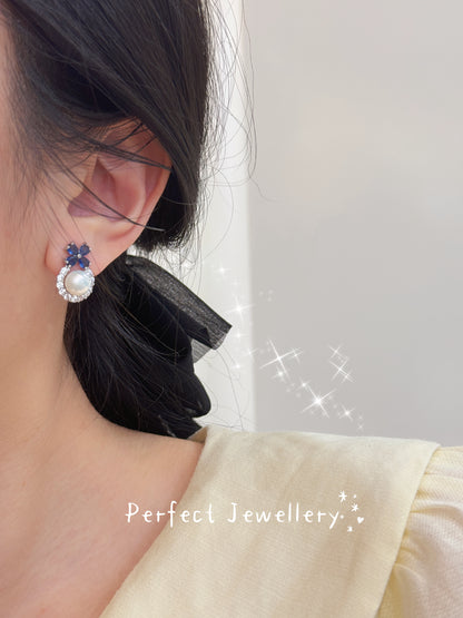 [Brass] Freshwater Pearl Earring | 淡水珍珠藍花花耳釘