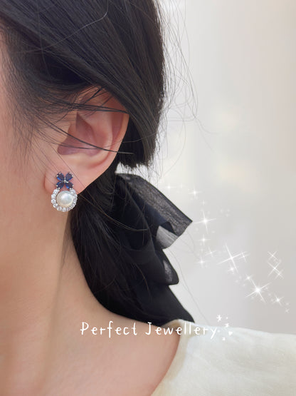 [Brass] Freshwater Pearl Earring | 淡水珍珠藍花花耳釘