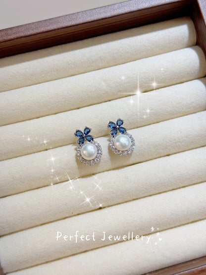 [Brass] Freshwater Pearl Earring | 淡水珍珠藍花花耳釘