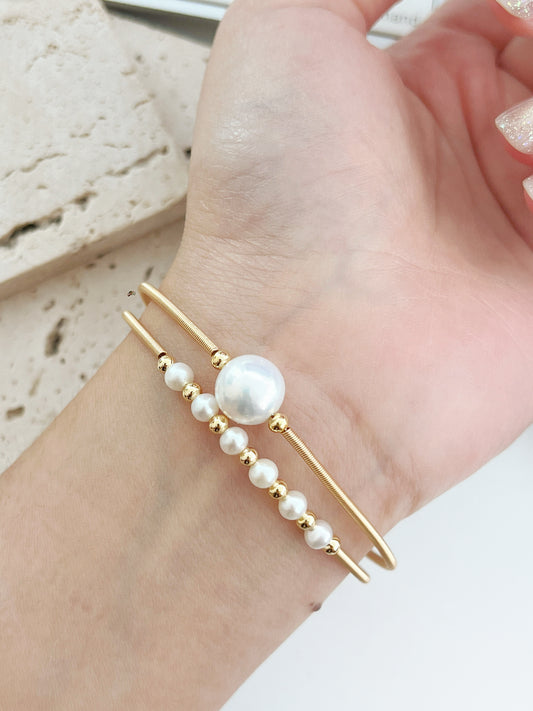 Freshwater Pearl  Brass Bangle |淡水珍珠雙層手鈪￼￼