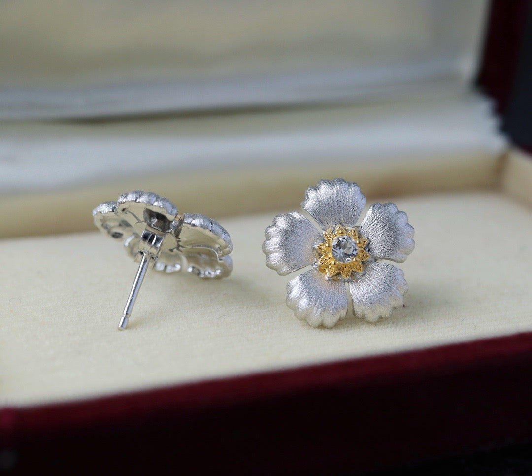 [S925] ✨Italian Flora 🌼 Topaz Earrings｜義大利拉絲花朵托帕石耳釘✨