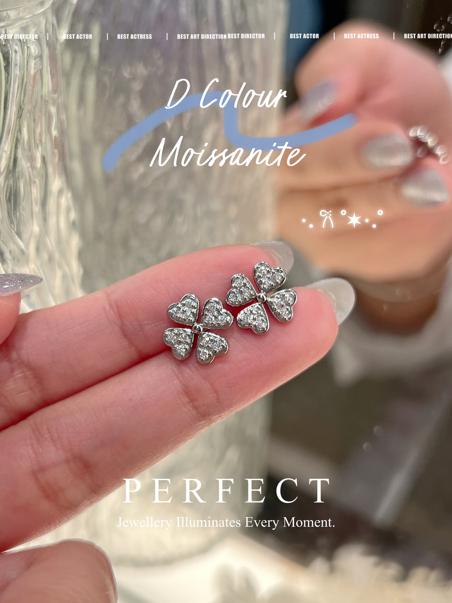 D Colour Moissanite Clover S925 Earrings ｜莫桑石四葉草🍀滿鑲耳釘