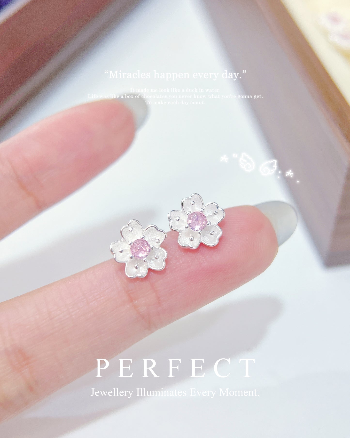 Sakura S925 Earrings | 粉鋯石櫻花S925銀耳釘