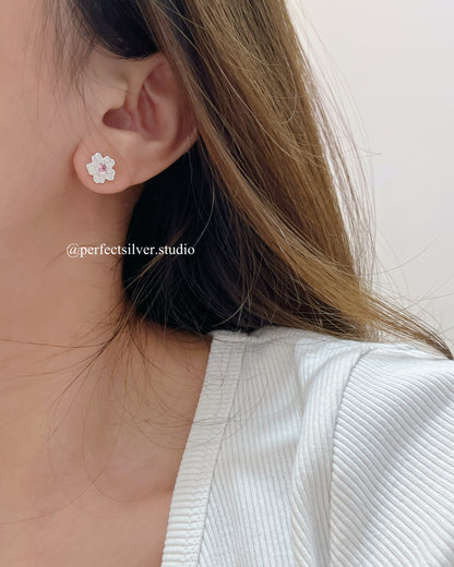Sakura S925 Earrings | 粉鋯石櫻花S925銀耳釘