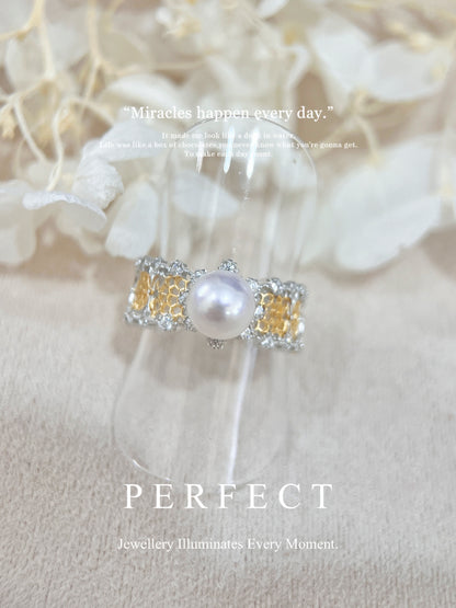 6.5-7mm Japanese Akoya S925 Ring |義大利工藝日本akoya 蜂巢戒指
