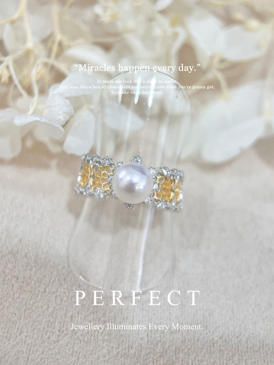 6.5-7mm Japanese Akoya S925 Ring |義大利工藝日本akoya 蜂巢戒指