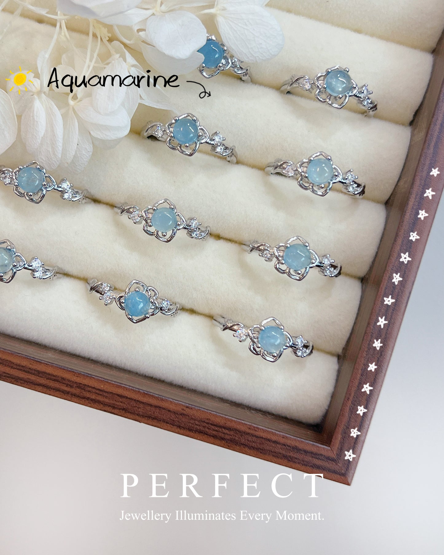 Aquamarine Sakura Brass Ring | 海藍寶小櫻花戒指