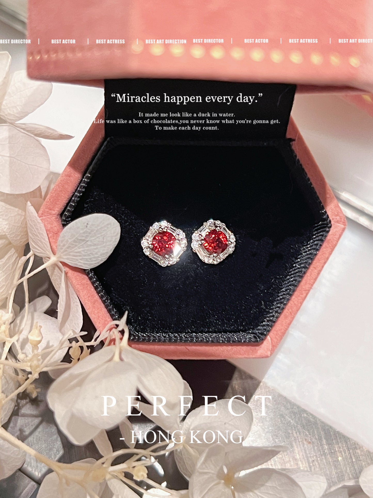 Red Garnet Earrings 紅石榴梯方圍鑲耳釘