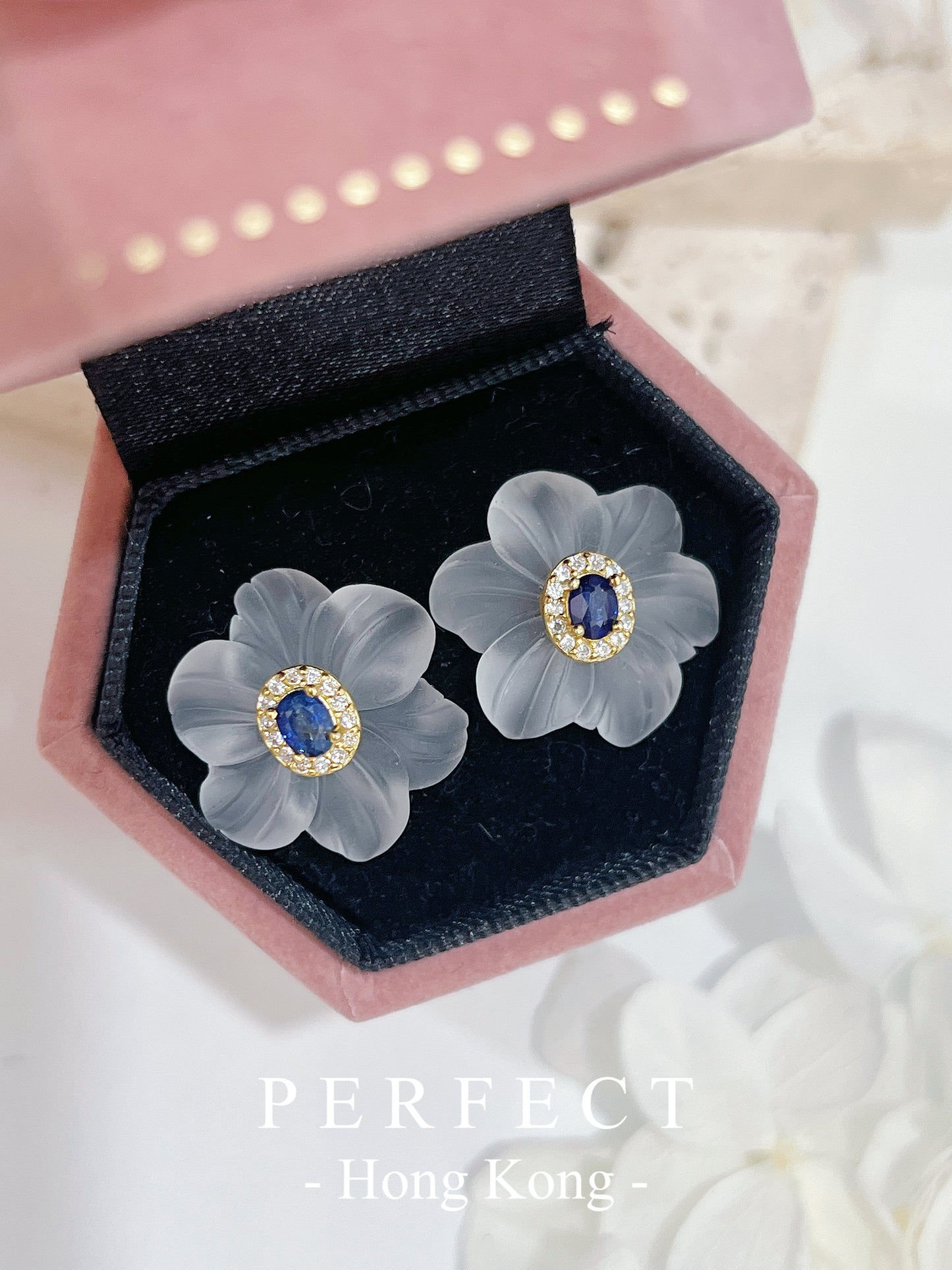 0.9ct Blue Sapphire Clear Quartz S925 Earrings｜ 藍寶石白水晶花花耳釘