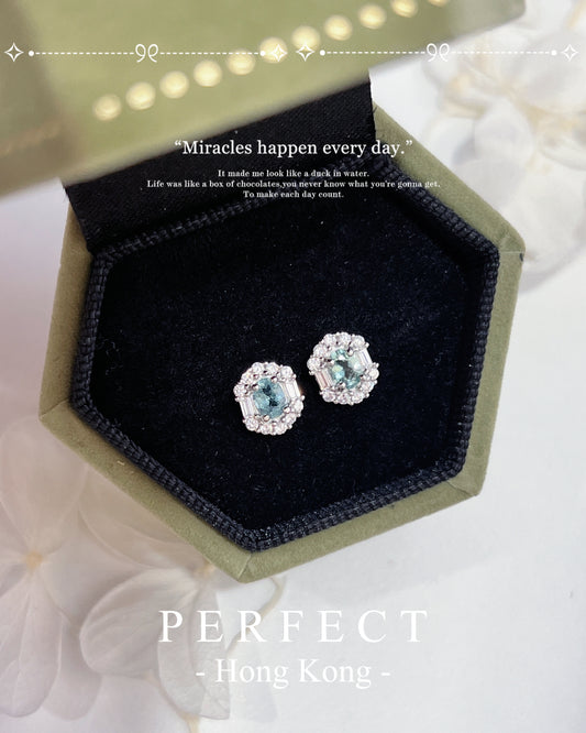 Bluish Green Tourmaline S925 Earrings | 藍綠碧璽圍鑲耳釘