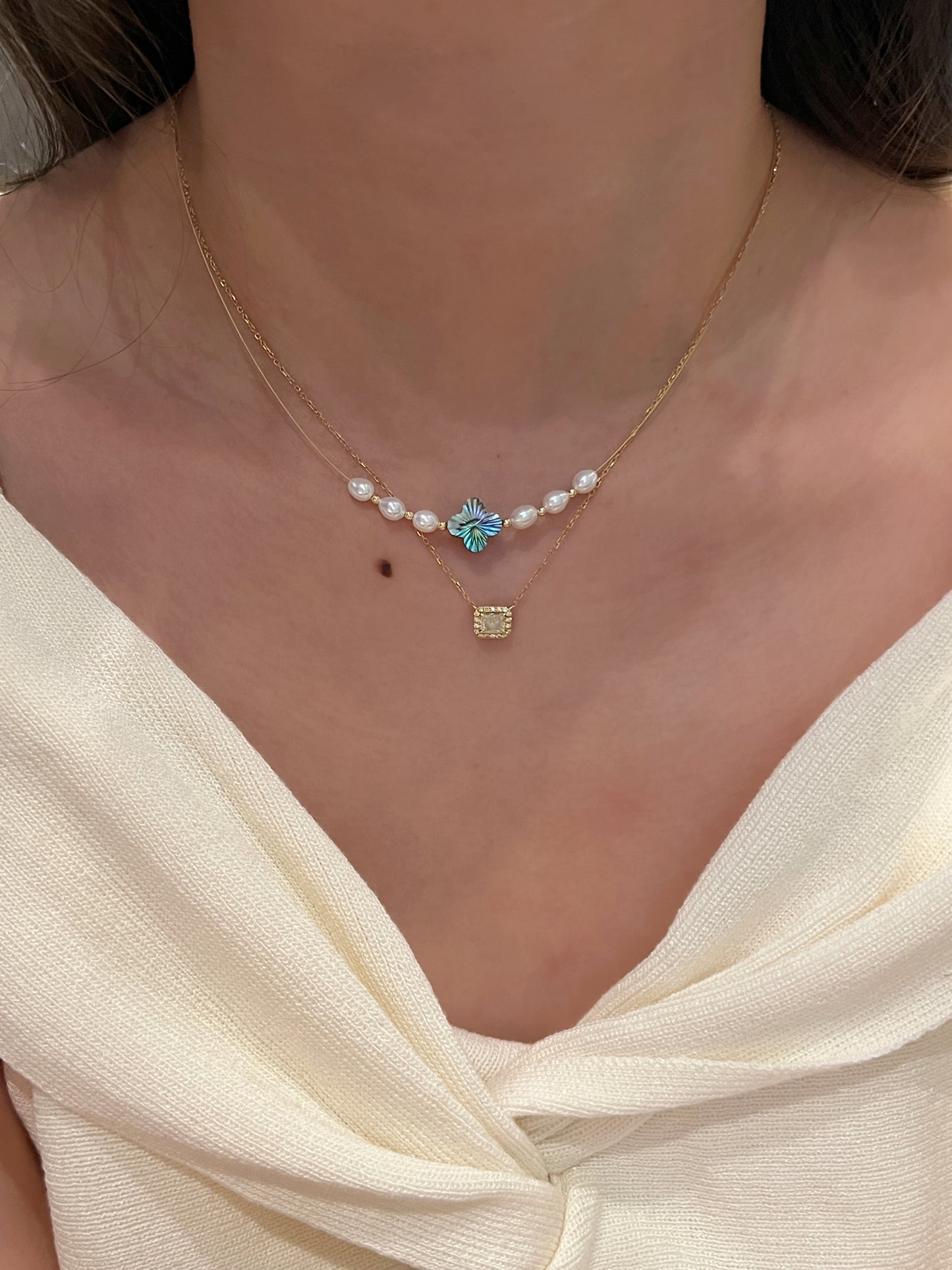 ✨MOP & Freshwater Pearl Necklace | 雷射切四葉草母貝珍珠日本金絲頸鏈 ✨