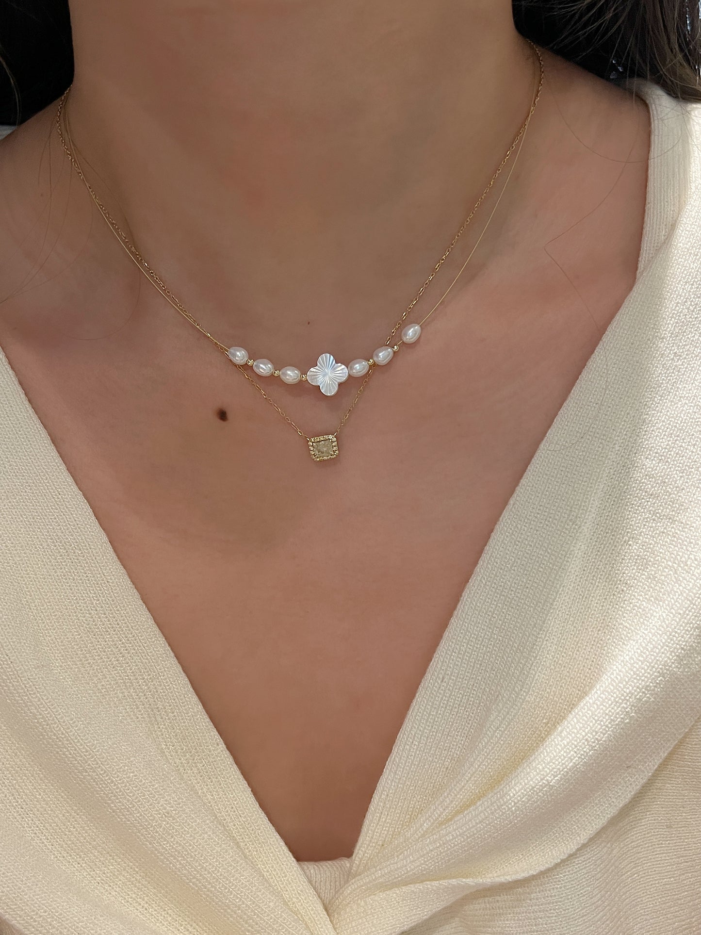 ✨MOP & Freshwater Pearl Necklace | 雷射切四葉草母貝珍珠日本金絲頸鏈 ✨