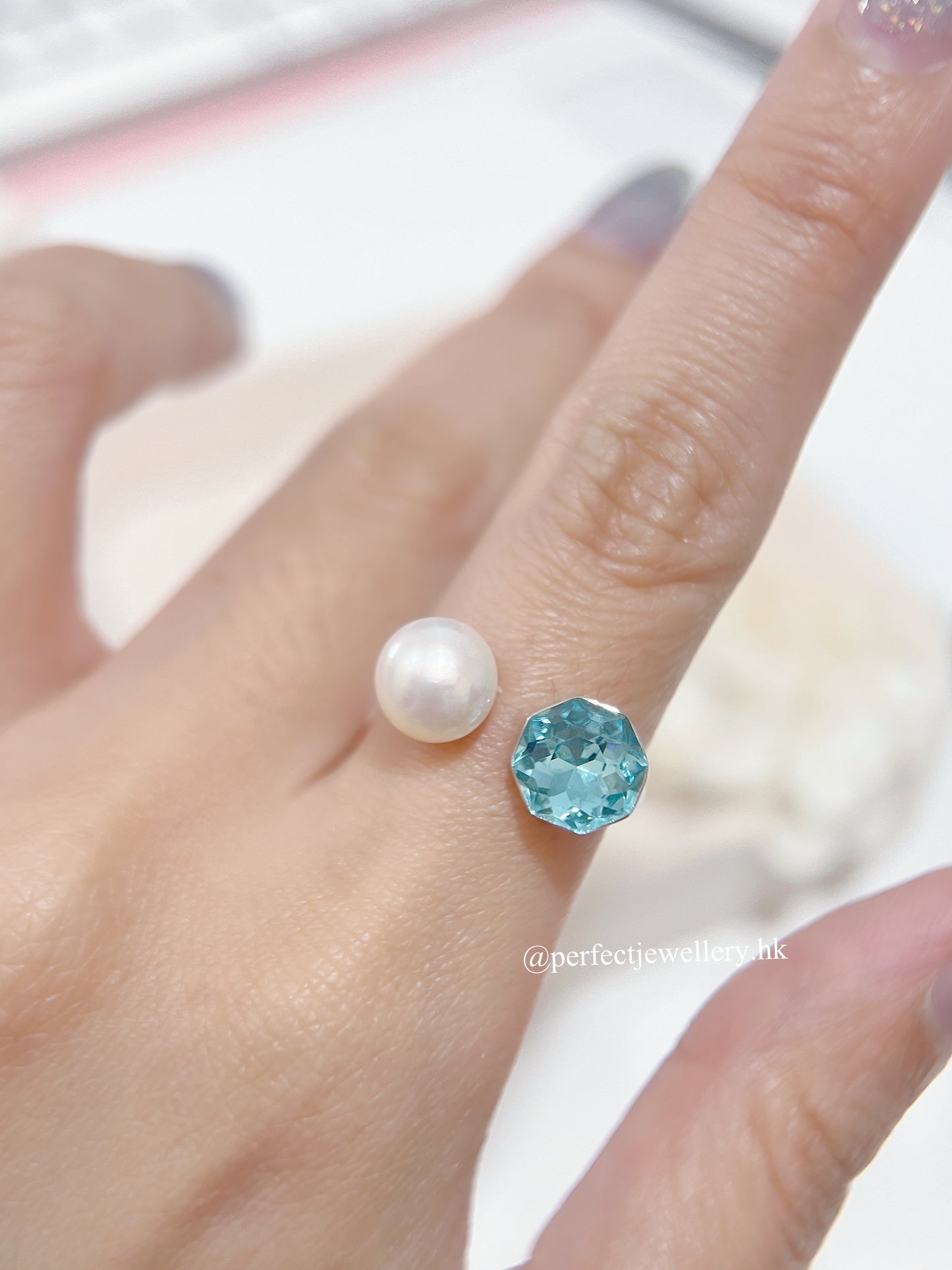 ✨Freshwater Pearl Brass Ring | 淡水珍珠藍鋯石戒指✨