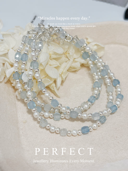 Cubic Aquamarine & Freshwater Pearl S925 Bracelet | 方糖海藍寶淡水珍珠手鏈